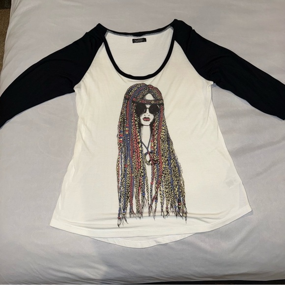 LAUREN MOSHI T Shirt Black White Hippie Girl Colourful Harmony Peace Love Size L - Picture 3 of 11